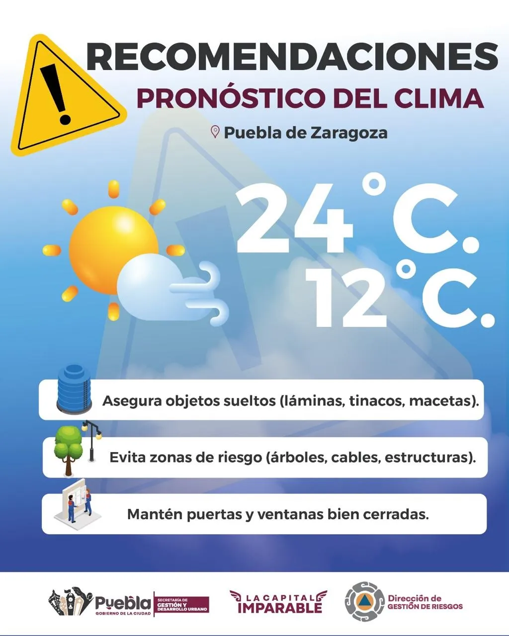 Gobierno de la Ciudad emite recomendaciones por vientos fuertes en la capital poblana