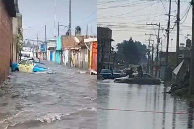 Lluvia inundan calles, negocios y escuelas en Huejotzingo; vehículos quedan atrapados