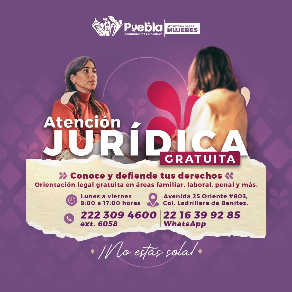 Gobierno de Pepe Chedraui fortalece la atención jurídica y psicológica para mujeres en Puebla capital