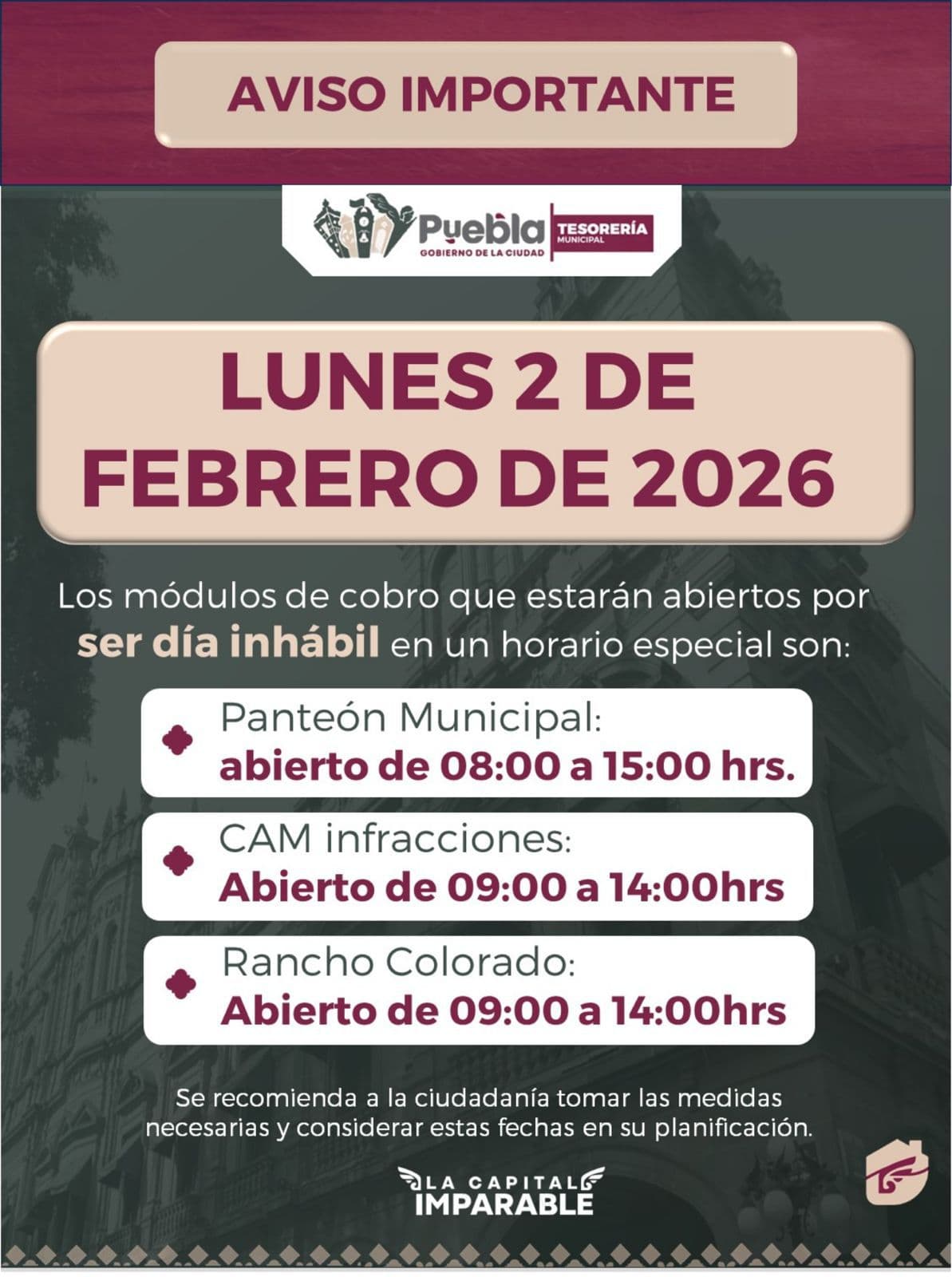 Informa Gobierno de la Ciudad horarios en módulos de cobro para el 2 de febrero